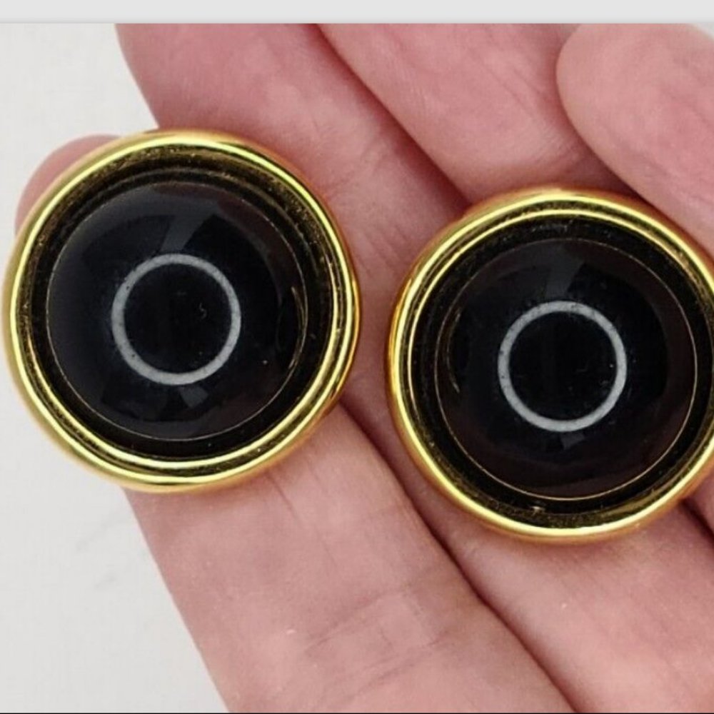 Vintage AK Anne Klein Black With Gold Tone Round Button Earrings - Picture 9 of 9